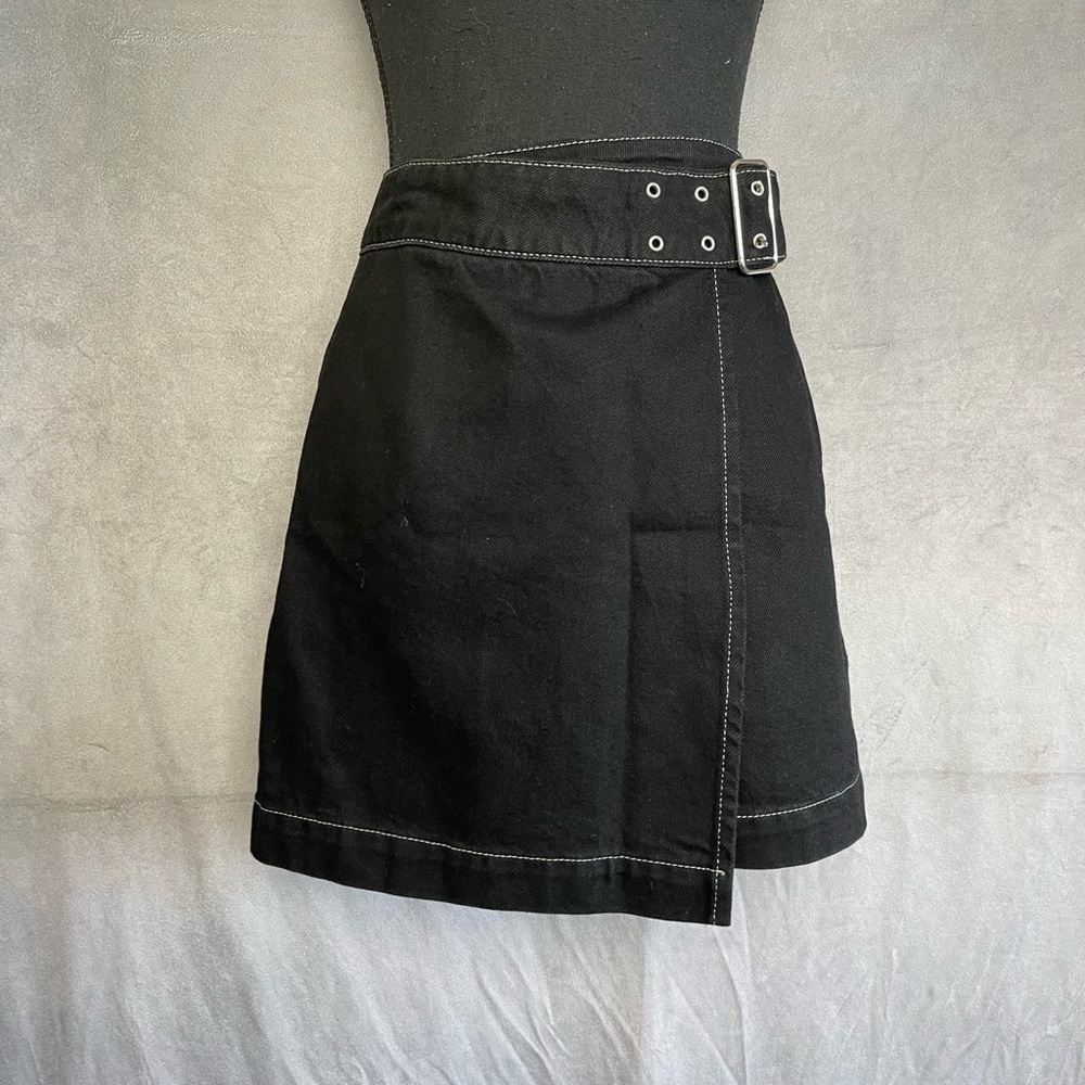 Topshop black denim wrap belted mini skirt with white stitching size 2